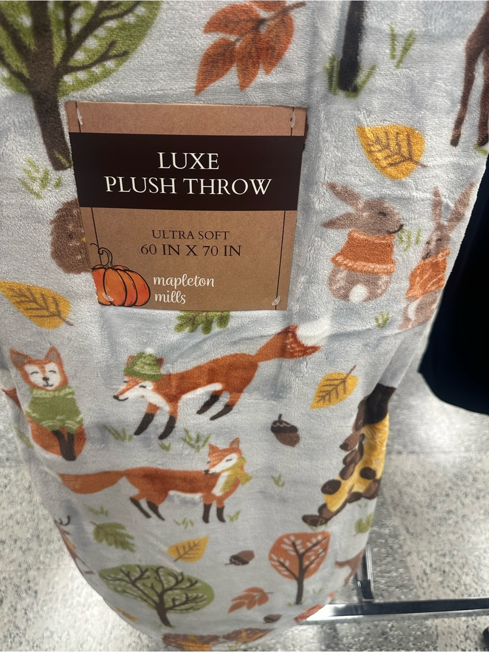Mapleton Mills Plush Throw - Autumn Fox & Bunny Print, Gray